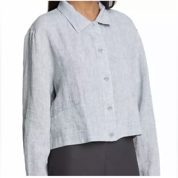 Eileen Fisher Yarn-Dye Hanky Organic Linen Crop Jacket in Gray Size L/XL - Picture 1 of 4